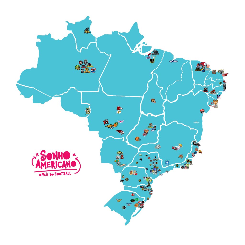 Mapa com as equipes de Futebol Americano no Brasil. Paraná e um dos estados com maior número de times (Foto: Reprodução Sonho Americano)